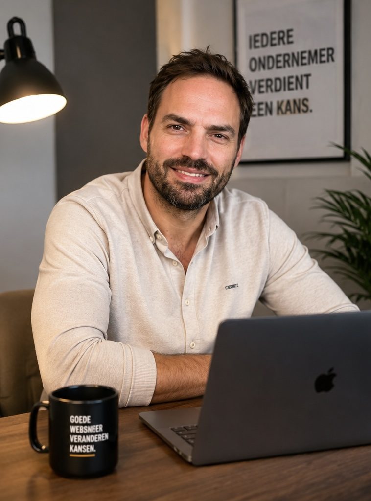 Oprichter van Bikaver aan zijn bureau, met op de achtergrond een poster met de tekst: iedere ondernemer verdient een kans
